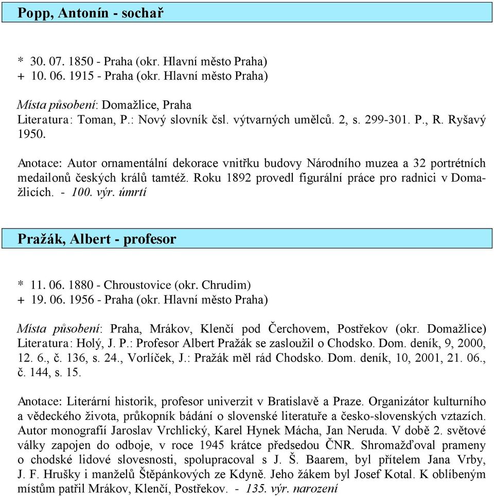 Roku 1892 provedl figurální práce pro radnici v Domažlicích. - 100. výr. úmrtí Pražák, Albert - profesor * 11. 06. 1880 - Chroustovice (okr. Chrudim) + 19. 06. 1956 - Praha (okr.