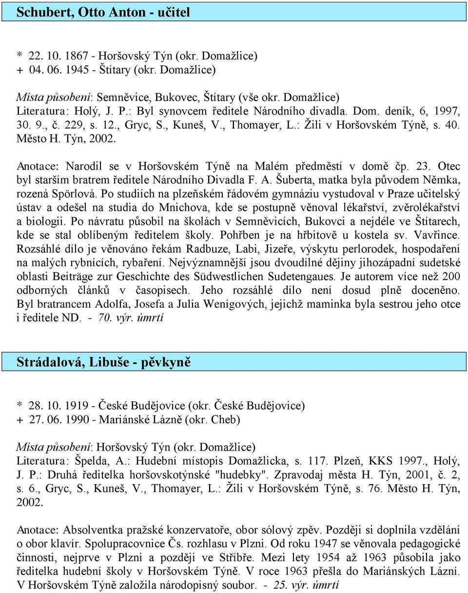 Týn, 2002. Anotace: Narodil se v Horšovském Týně na Malém předměstí v domě čp. 23. Otec byl starším bratrem ředitele Národního Divadla F. A. Šuberta, matka byla původem Němka, rozená Spörlová.