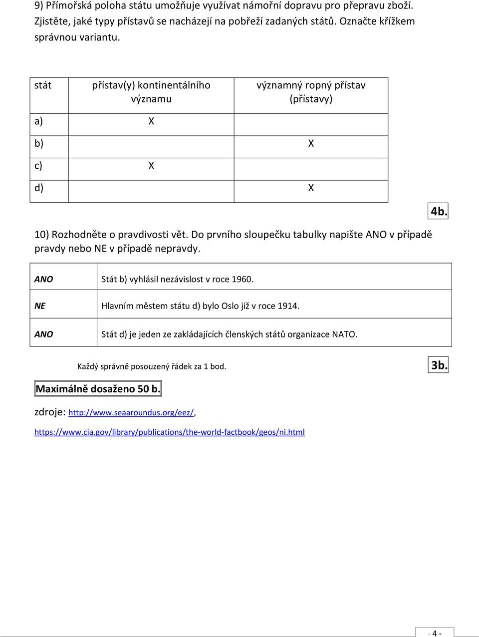 Do prvního sloupečku tabulky napište ANO v případě pravdy nebo NE v případě nepravdy. 4b. ANO Stát b) vyhlásil nezávislost v roce 1960. NE Hlavním městem státu d) bylo Oslo již v roce 1914.