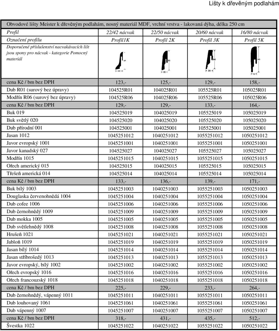 105025R01 Modřín R06 (surový bez úpravy) 104525R06 104025R06 105525R06 105025R06 129,- 129,- 133,- 164,- Buk 019 104525019 104025019 105525019 105025019 Buk světlý 020 104525020 104025020 105525020