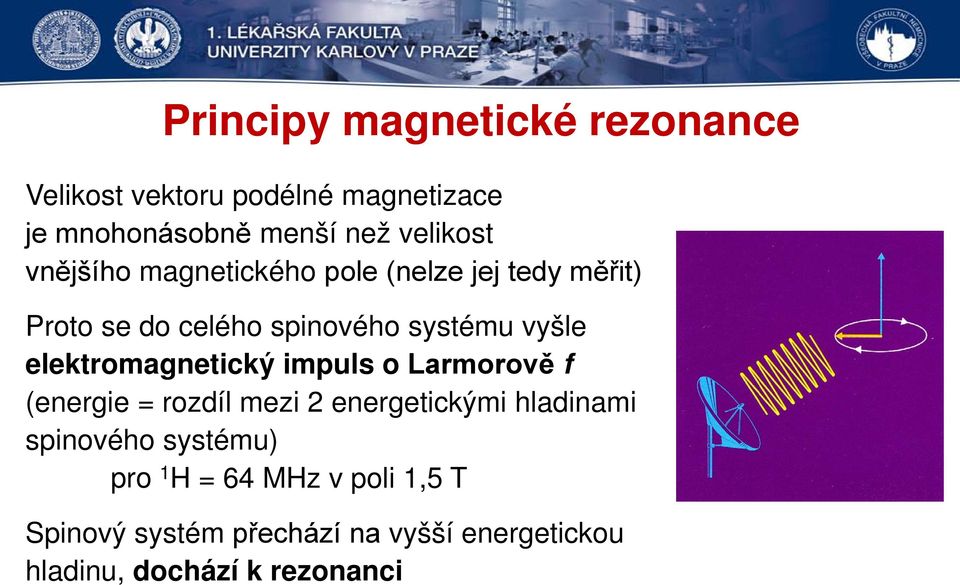 elektromagnetický impuls o Larmorově f (energie = rozdíl mezi 2 energetickými hladinami spinového