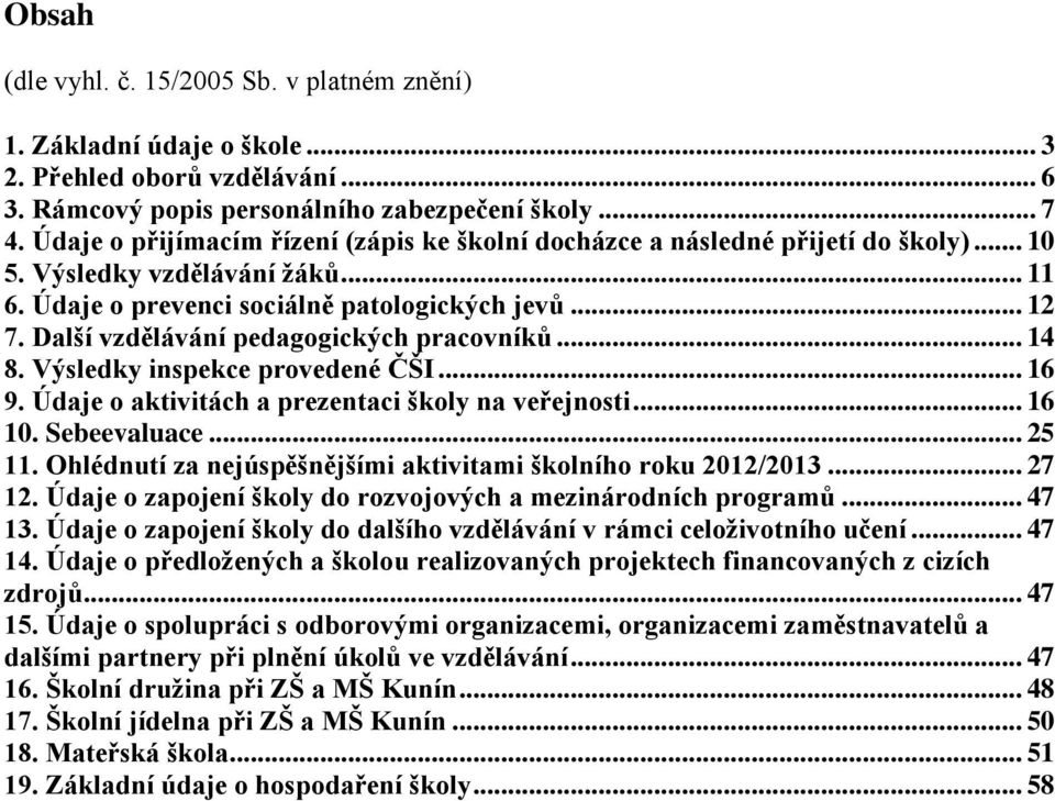 Další vzdělávání pedagogických pracovníků... 14 8. Výsledky inspekce provedené ČŠI... 16 9. Údaje o aktivitách a prezentaci školy na veřejnosti... 16 10. Sebeevaluace... 25 11.