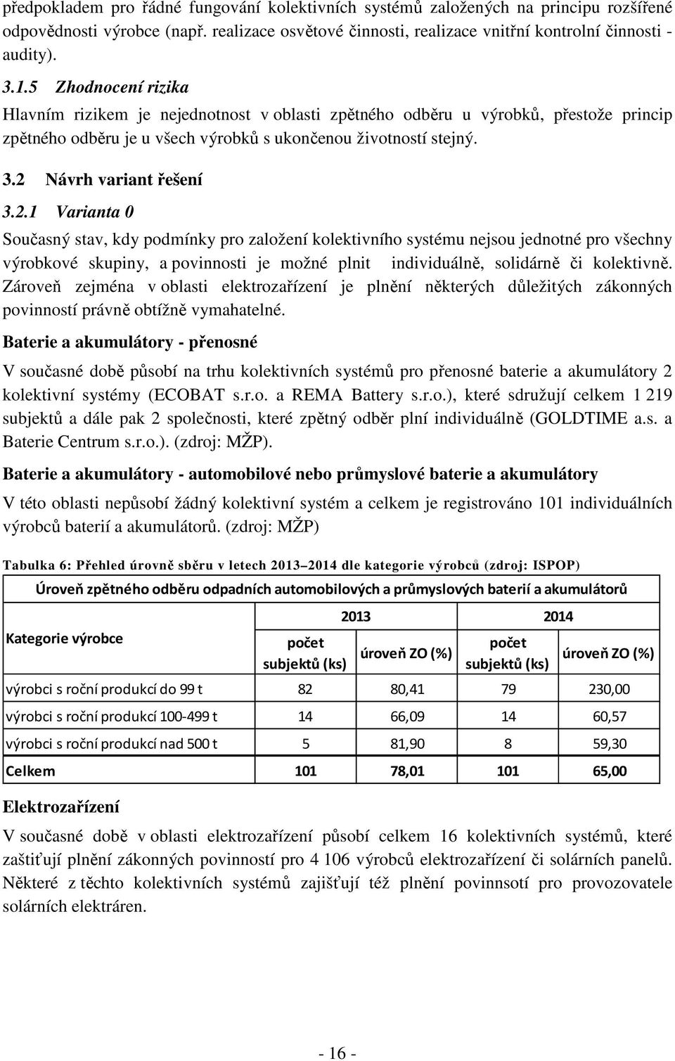 2.1 Varianta 0 Současný stav, kdy podmínky pro založení kolektivního systému nejsou jednotné pro všechny výrobkové skupiny, a povinnosti je možné plnit individuálně, solidárně či kolektivně.