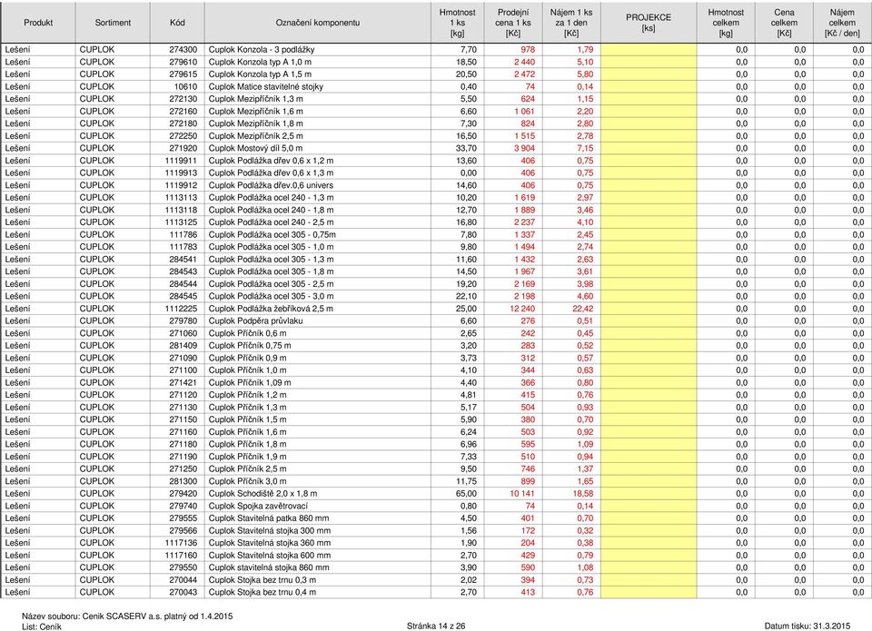 Cuplok Mezipříčník 1,6 m 6,60 1 061 2,20 0,0 0,0 0,0 Lešení CUPLOK 272180 Cuplok Mezipříčník 1,8 m 7,30 824 2,80 0,0 0,0 0,0 Lešení CUPLOK 272250 Cuplok Mezipříčník 2,5 m 16,50 1 515 2,78 0,0 0,0 0,0