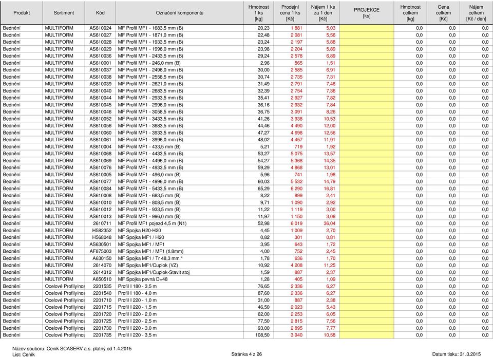 MF Profil MF1-246,0 mm (B) 2,96 565 1,51 0,0 0,0 0,0 MULTIFORM AS610037 MF Profil MF1-2496,0 mm (B) 30,00 2 585 6,91 0,0 0,0 0,0 MULTIFORM AS610038 MF Profil MF1-2558,5 mm (B) 30,74 2 735 7,31 0,0