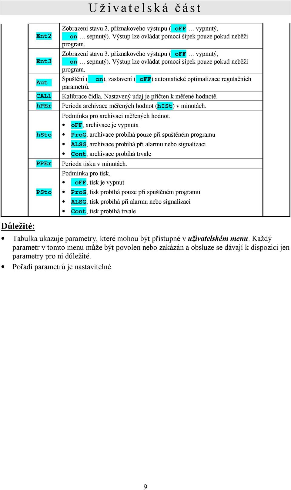 Spuštění ( on), zastavení ( off) automatické optimalizace regulačních parametrů. Kalibrace čidla. Nastavený údaj je přičten k měřené hodnotě. Perioda archivace měřených hodnot (hist) v minutách.