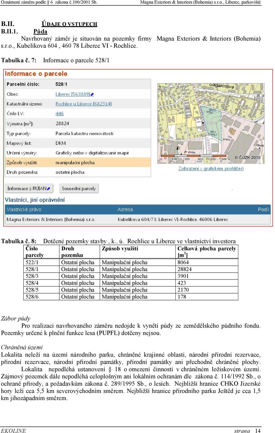 Rochlice u Liberce ve vlastnictví investora Číslo parcely Druh pozemku Způsob využití Celková plocha parcely [m 2 ] 522/1 Ostatní plocha Manipulační plocha 8064 528/1 Ostatní plocha Manipulační