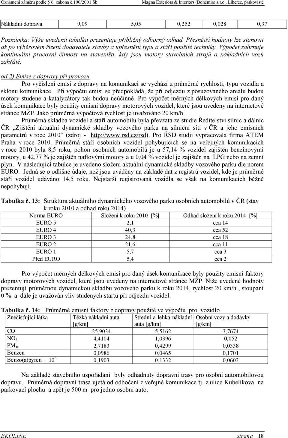 Výpočet zahrnuje kontinuální pracovní činnost na staveništi, kdy jsou motory stavebních strojů a nákladních vozů zahřáté.