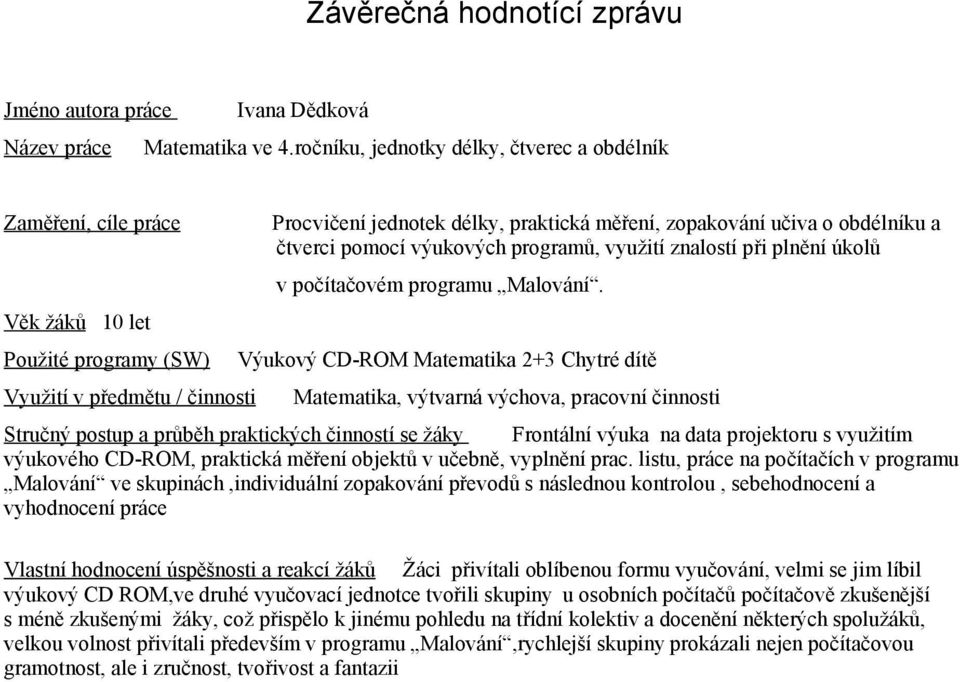 obdélníku a čtverci pomocí výukových programů, využití znalostí při plnění úkolů v počítačovém programu Malování.