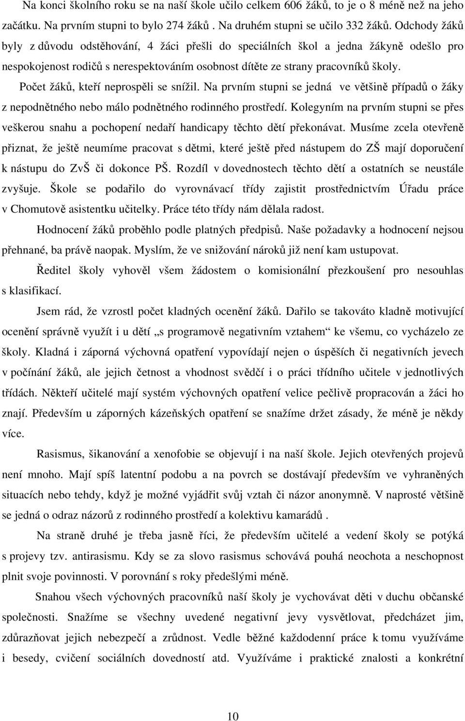 Počet žáků, kteří neprospěli se snížil. Na prvním stupni se jedná ve většině případů o žáky z nepodnětného nebo málo podnětného rodinného prostředí.