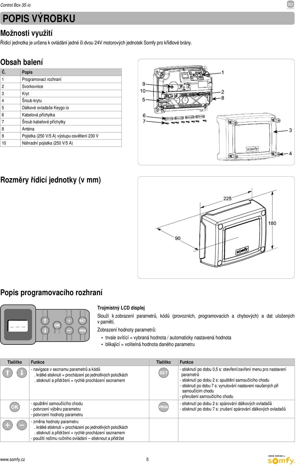 Náhradní pojistka (250 V/5 A) Rozměry řídicí jednotky (v mm) Popis programovacího rozhraní Trojmístný LCD displej Slouží k zobrazení parametrů, kódů (provozních, programovacích a chybových) a dat