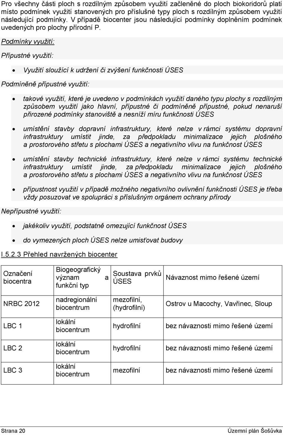 Podmínky využití: Přípustné využití: Využití sloužící k udržení či zvýšení funkčnosti ÚSES Podmíněně přípustné využití: takové využití, které je uvedeno v podmínkách využití daného typu plochy s