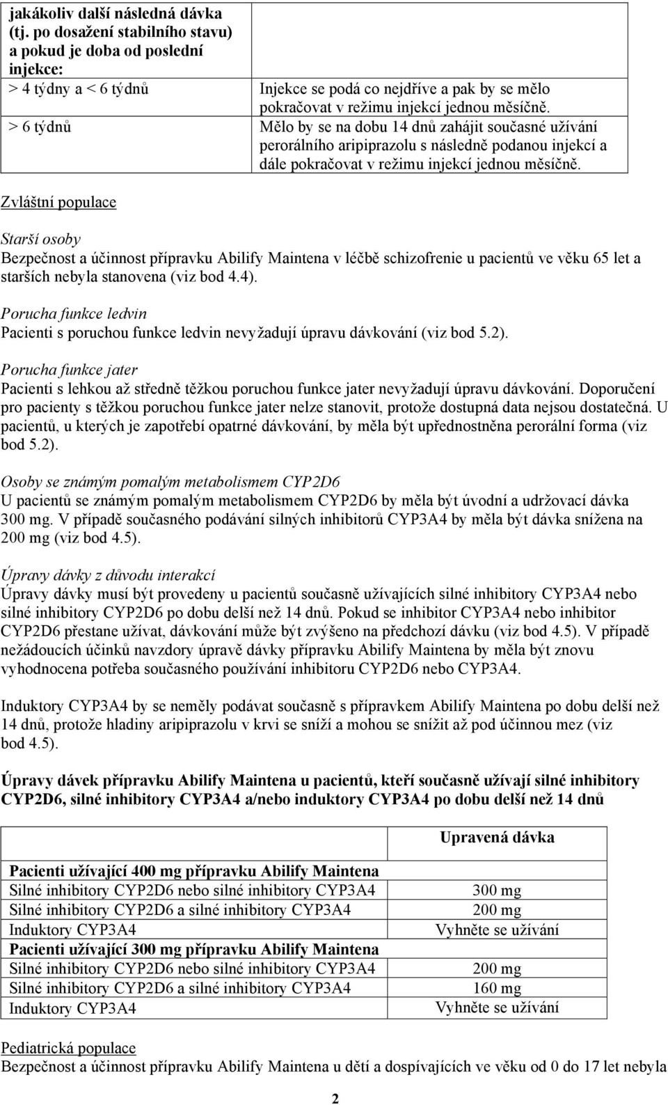 > 6 týdnů Mělo by se na dobu 14 dnů zahájit současné užívání perorálního aripiprazolu s následně podanou injekcí a dále pokračovat v režimu injekcí jednou měsíčně.