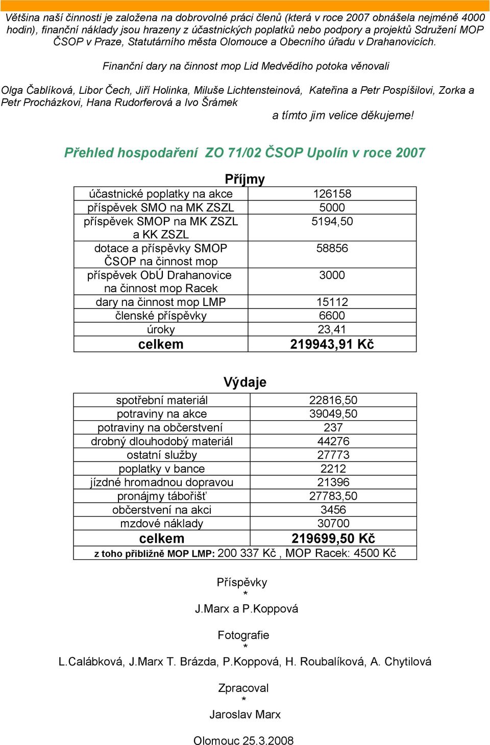 Finanční dary na činnost mop Lid Medvědího potoka věnovali Olga Čablíková, Libor Čech, Jiří Holinka, Miluše Lichtensteinová, Kateřina a Petr Pospíšilovi, Zorka a Petr Procházkovi, Hana Rudorferová a