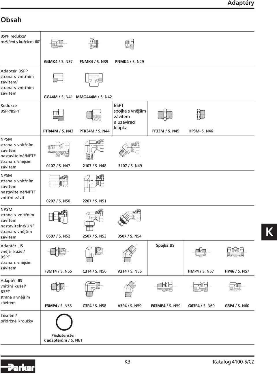 nastavitelné/nptf vnitřní závit GG44M / S. N41 MMO444M / S. N42 BSPT spojka s vnějším závitem a uzavírací PTR44M / S. N43 PTR34M / S. N44 klapka FF33M / S. N45 HP3M S. N46 07 / S. N47 27 / S.