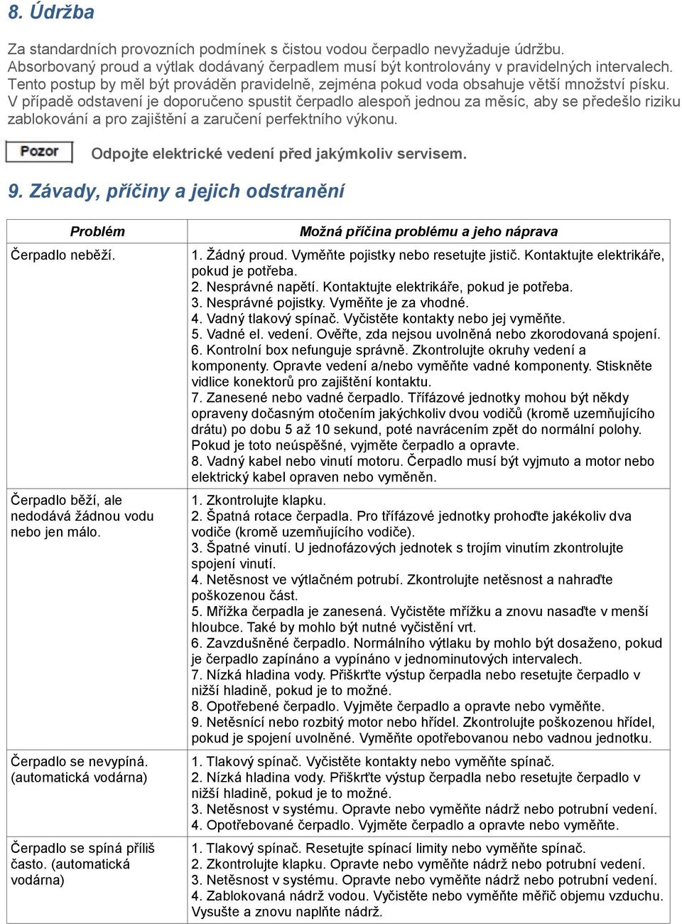 V případě odstavení je doporučeno spustit čerpadlo alespoň jednou za měsíc, aby se předešlo riziku zablokování a pro zajištění a zaručení perfektního výkonu.