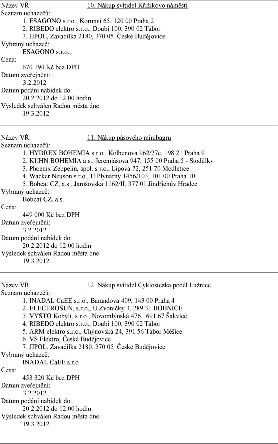 Wacker Neuson s.r.o., U Plynárny 1456/103, 101 00 Praha 10 5. Bobcat CZ, a.s., Jarošovská 1162/II, 377 01 Jindřichův Hradec Bobcat CZ, a.s. 449 000 Kč bez DPH 12.
