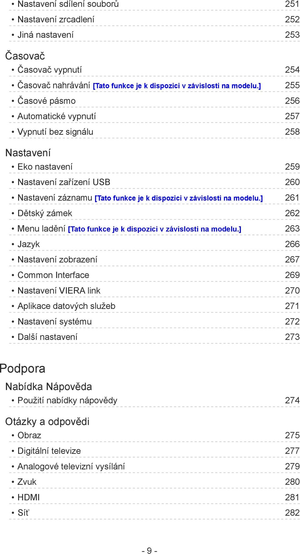 modelu.] 261 Dětský zámek 262 Menu ladění [Tato funkce je k dispozici v závislosti na modelu.