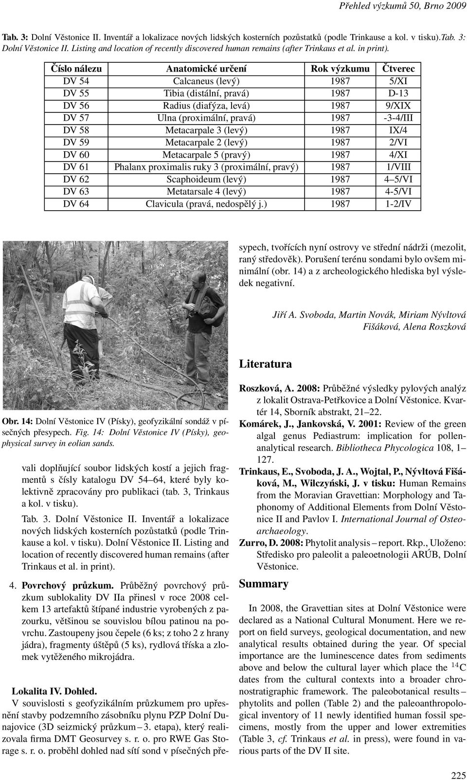 Číslo nálezu Anatomické určení Rok výzkumu Čtverec DV 54 Calcaneus(levý) 1987 5/XI DV 55 Tibia(distální, pravá) 1987 D-13 DV 56 Radius(diafýza, levá) 1987 9/XIX DV 57 Ulna(proximální, pravá)