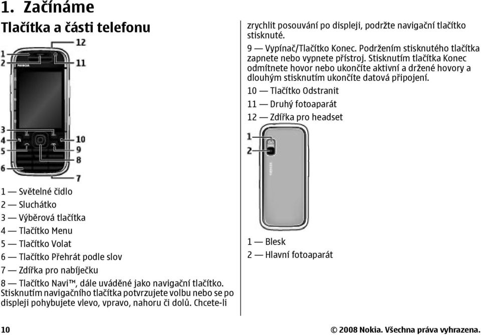 10 Tlačítko Odstranit 11 Druhý fotoaparát 12 Zdířka pro headset 1 Světelné čidlo 2 Sluchátko 3 Výběrová tlačítka 4 Tlačítko Menu 5 Tlačítko Volat 6 Tlačítko Přehrát podle slov 7 Zdířka pro