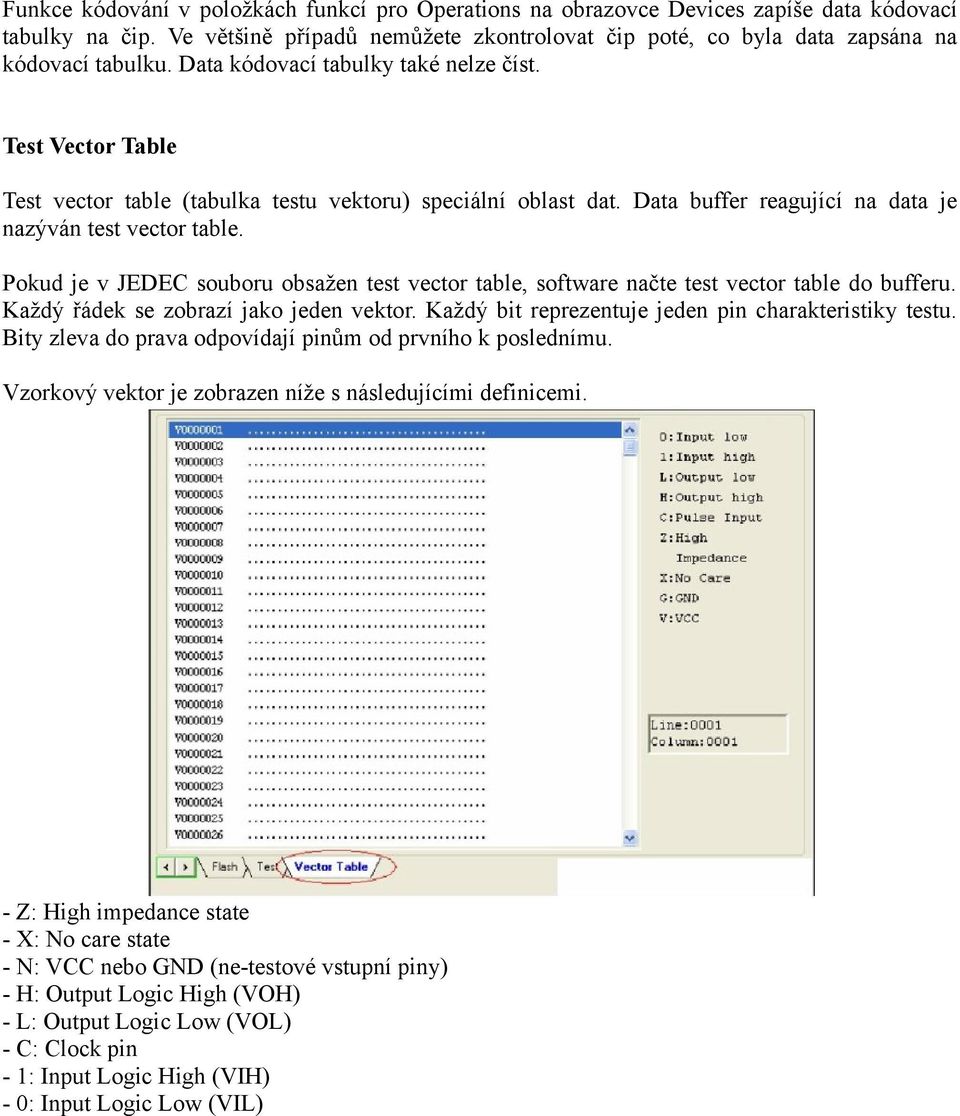 Pokud je v JEDEC souboru obsažen test vector table, software načte test vector table do bufferu. Každý řádek se zobrazí jako jeden vektor. Každý bit reprezentuje jeden pin charakteristiky testu.