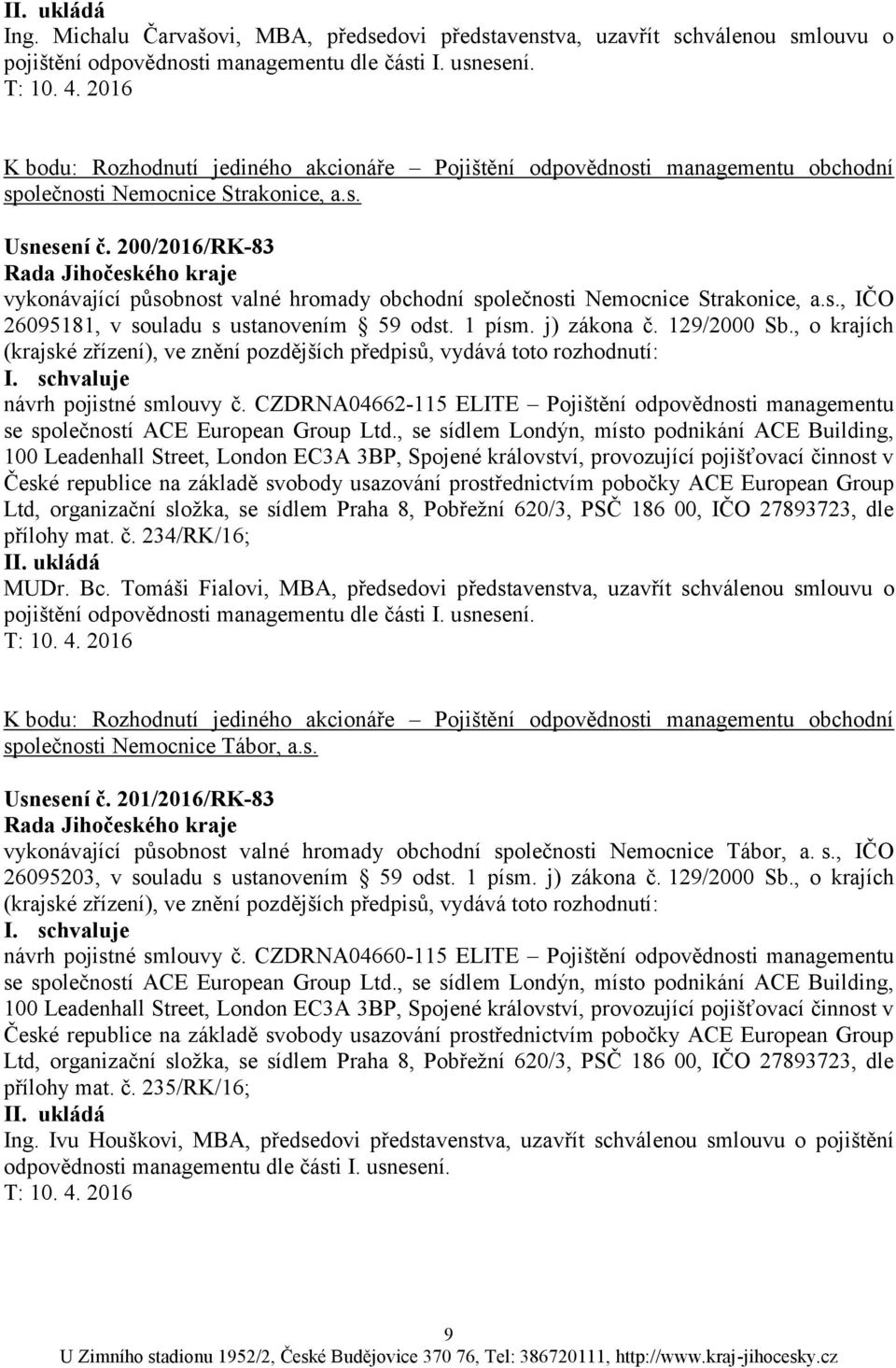 200/2016/RK-83 vykonávající působnost valné hromady obchodní společnosti Nemocnice Strakonice, a.s., IČO 26095181, v souladu s ustanovením 59 odst. 1 písm. j) zákona č. 129/2000 Sb.