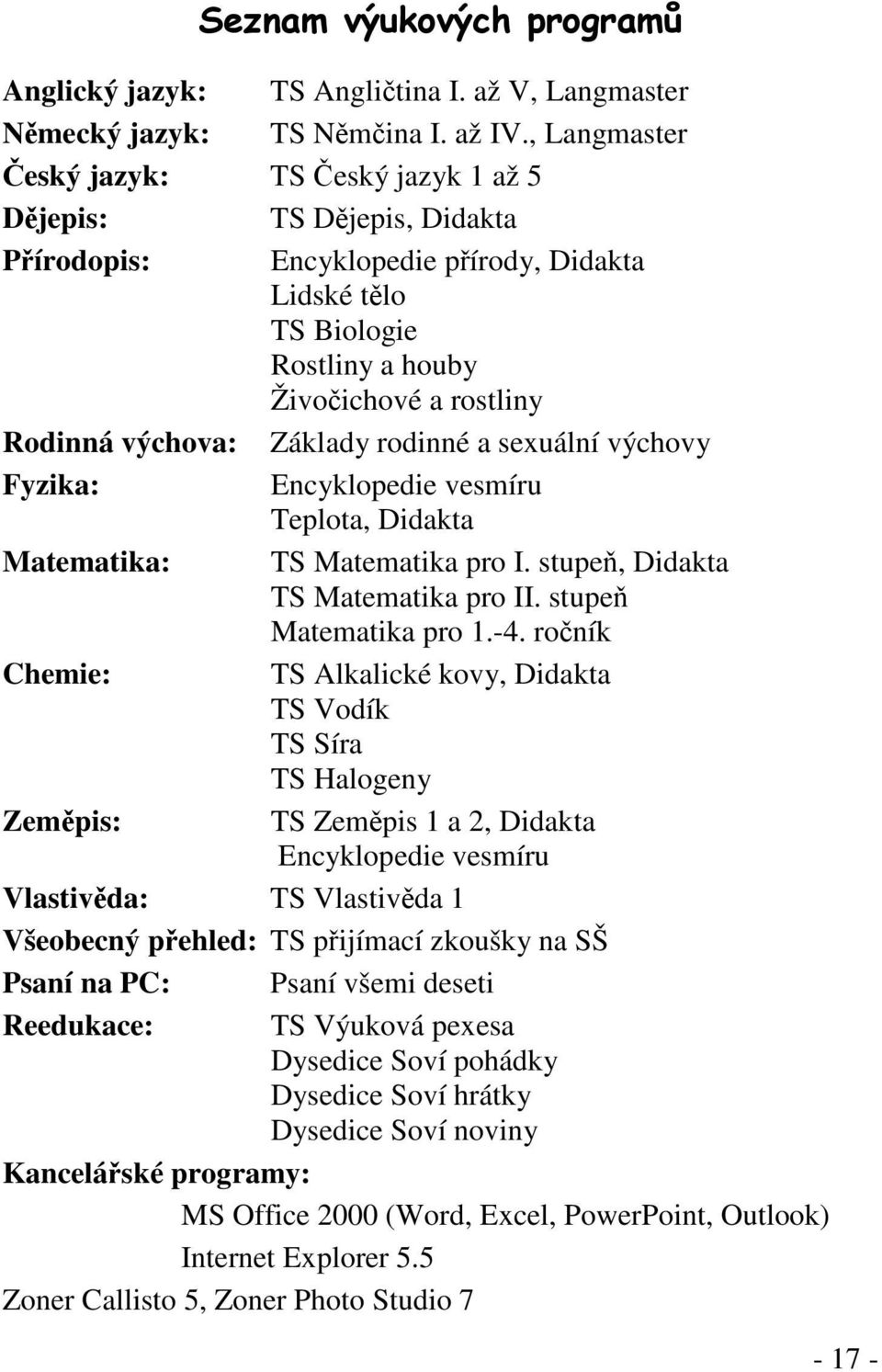 Základy rodinné a sexuální výchovy Fyzika: Encyklopedie vesmíru Teplota, Didakta Matematika: TS Matematika pro I. stupeň, Didakta TS Matematika pro II. stupeň Matematika pro 1.-4.