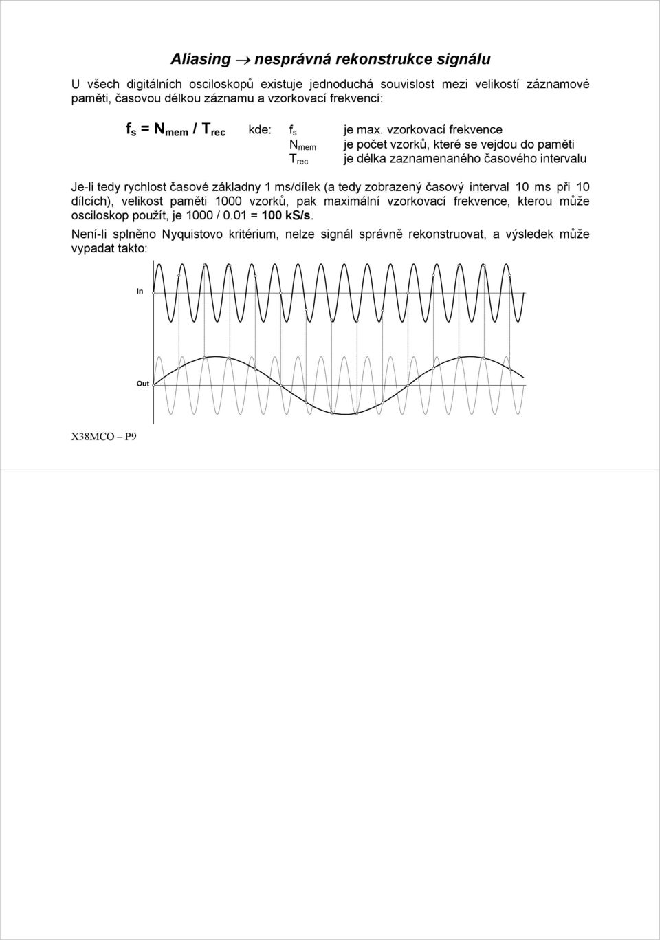vzorkovací frekvence N mem T rec je počet vzorků, které se vejdou do paměti je délka zaznamenaného časového intervalu Je-li tedy rychlost časové základny 1 ms/dílek (a