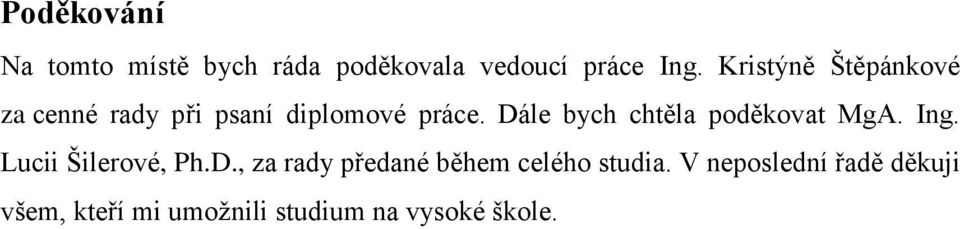 Dále bych chtěla poděkovat MgA. Ing. Lucii Šilerové, Ph.D., za rady předané během celého studia.