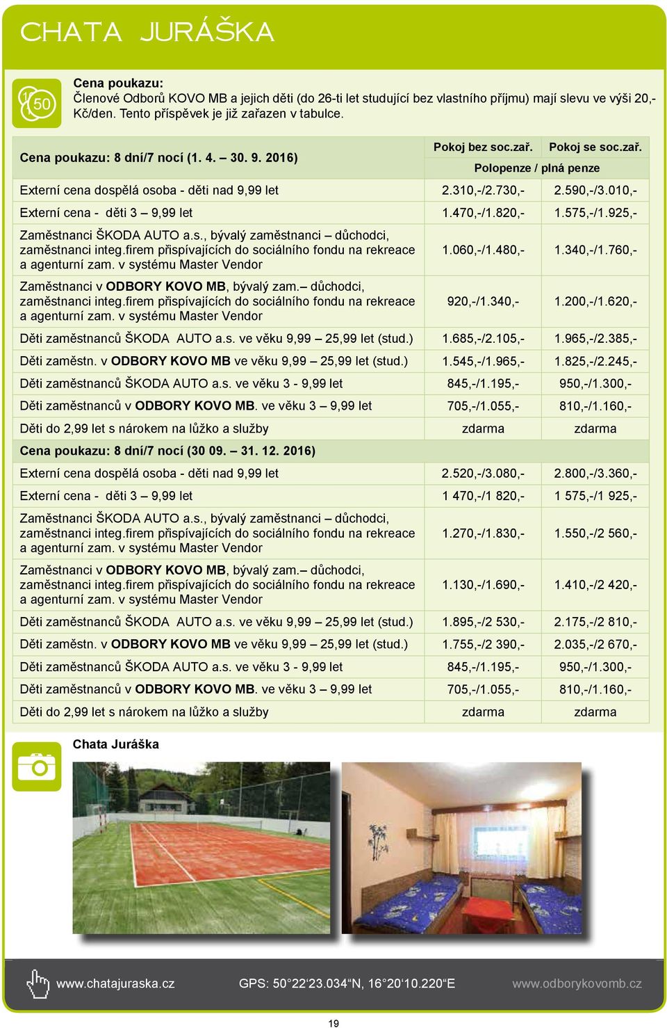 310,-/2.730,- 2.590,-/3.010,- Externí cena - dět 3 9,99 let 1.470,-/1.820,- 1.575,-/1.925,- Zaměstnanc ŠKODA AUTO a.s., bývalý zaměstnanc důchodc, zaměstnanc nteg.