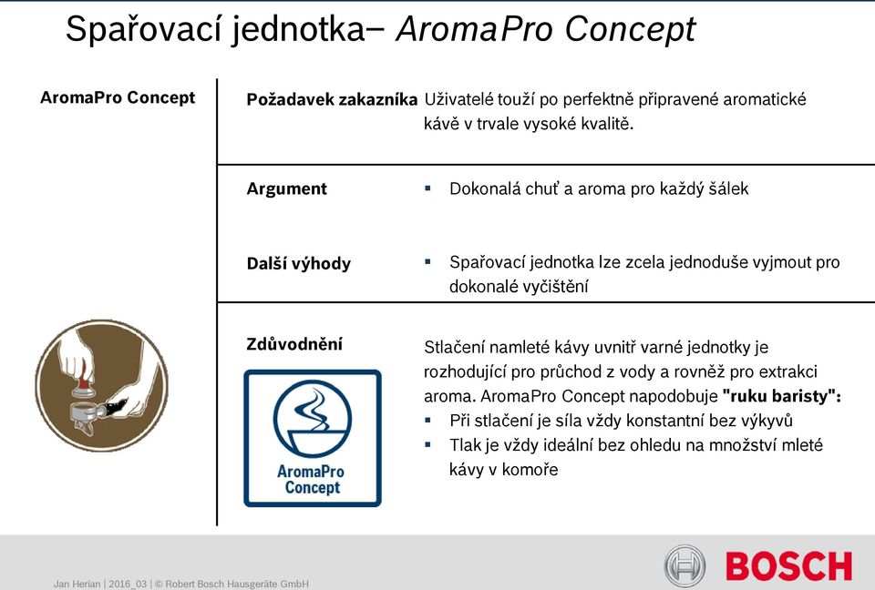 Argument Dokonalá chuť a aroma pro každý šálek Další výhody Spařovací jednotka lze zcela jednoduše vyjmout pro dokonalé vyčištění