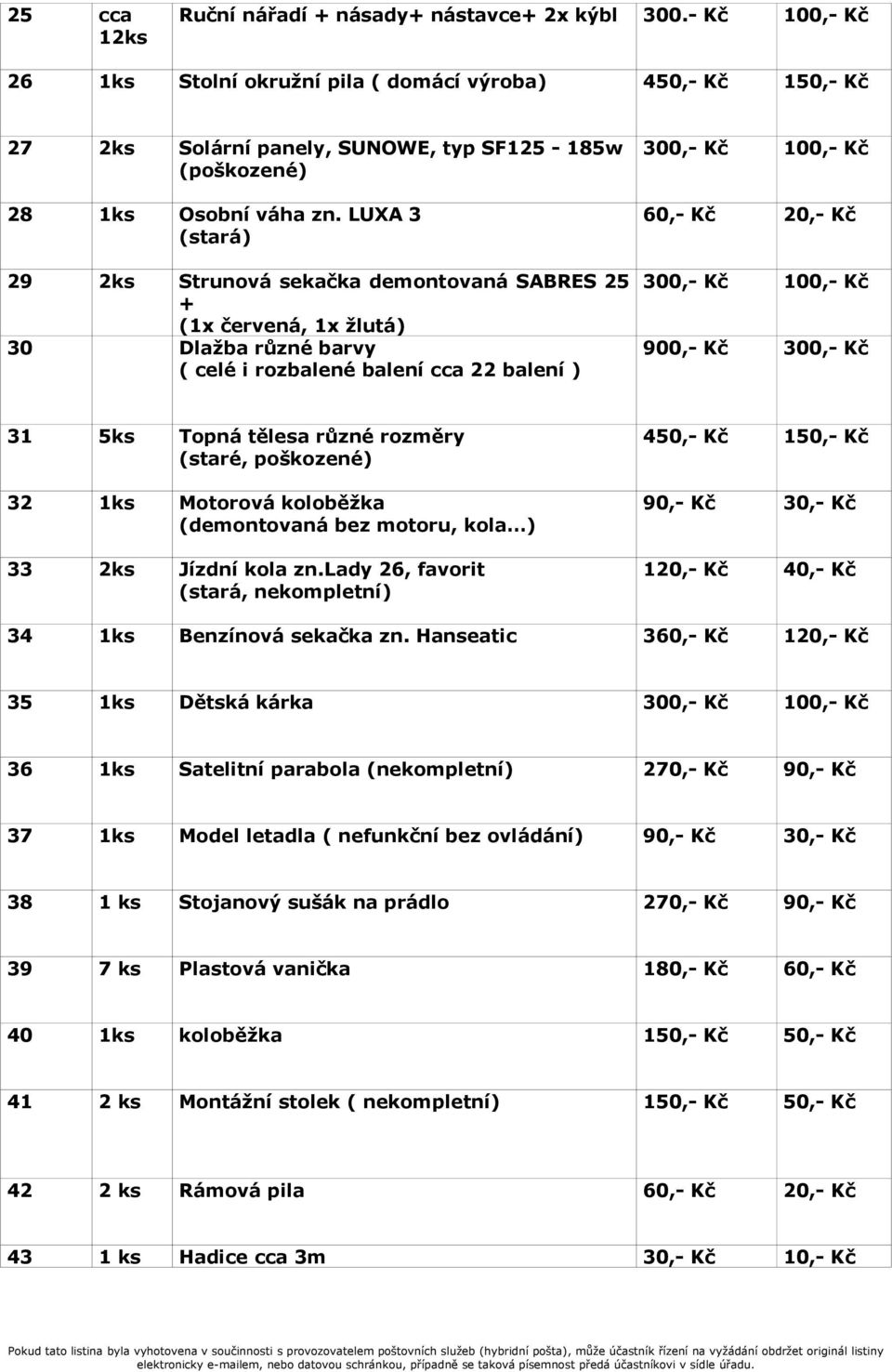 LUXA 3 (stará) 29 2ks Strunová sekačka demontovaná SABRES 25 + (1x červená, 1x žlutá) 30 Dlažba různé barvy ( celé i rozbalené balení cca 22 balení ) 60,- Kč 20,- Kč 31 5ks Topná tělesa různé rozměry