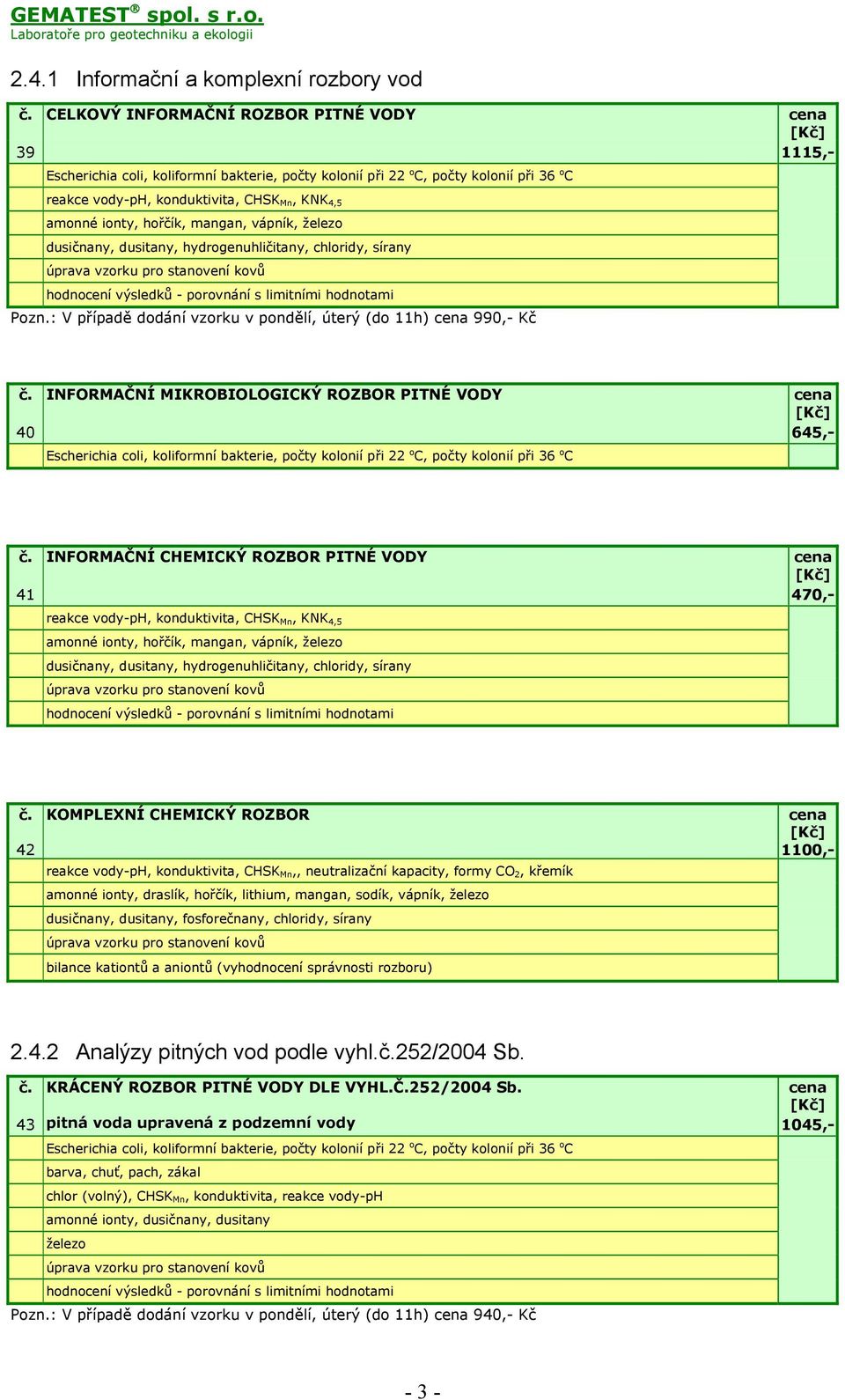 ionty, hořčík, mangan, vápník, železo dusičnany, dusitany, hydrogenuhličitany, chloridy, sírany hodnocení výsledků - porovnání s limitními hodnotami Pozn.