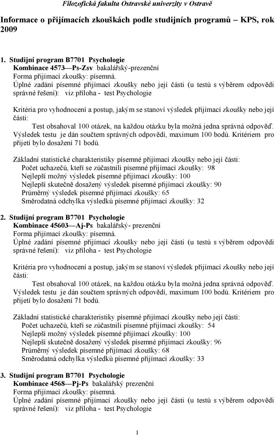 Úplné zadání písemné přijímací zkoušky nebo její části (u testů s výběrem odpovědi správné řešení): viz příloha - test Psychologie Kritéria pro vyhodnocení a postup, jakým se stanoví výsledek