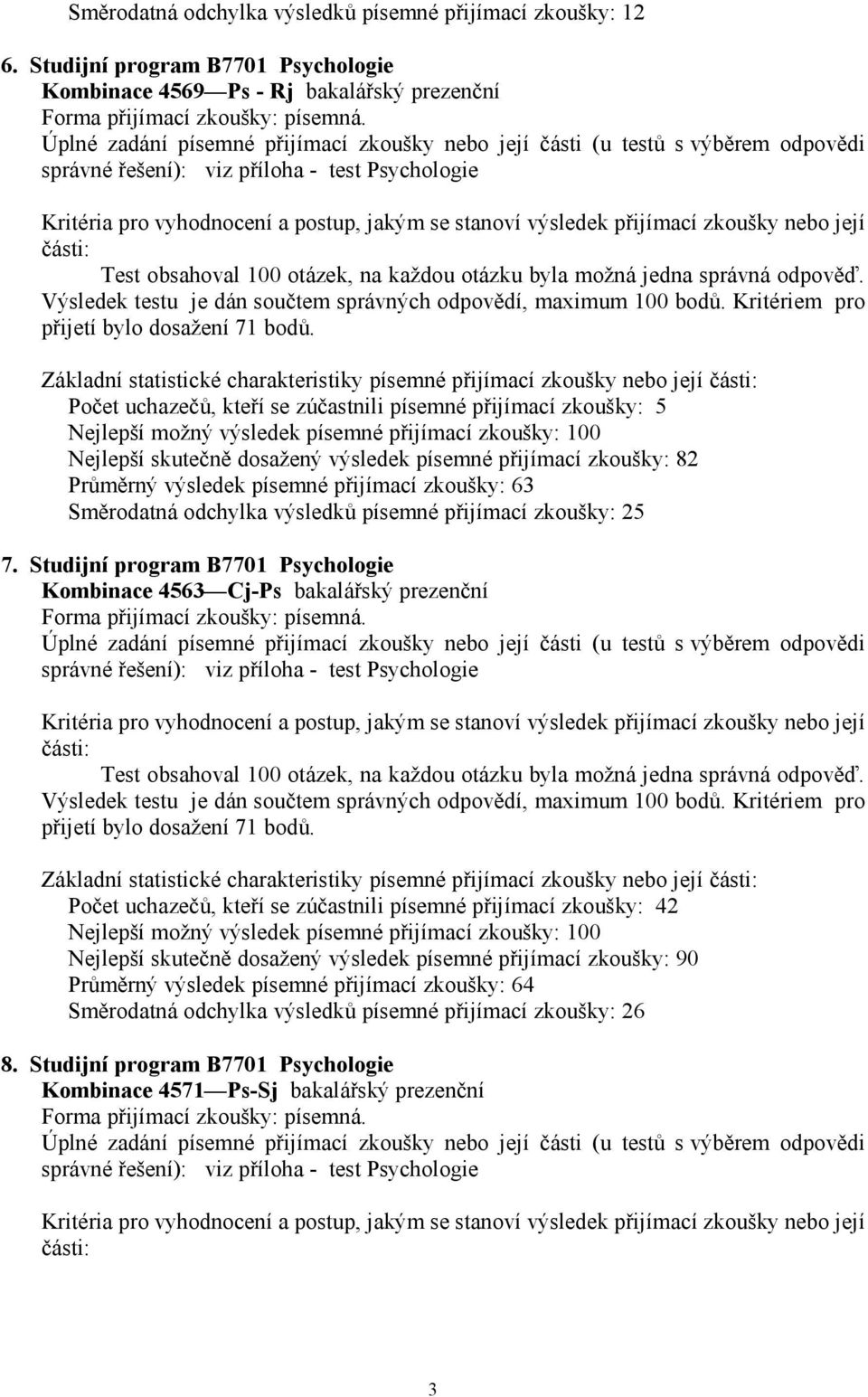 přijímací zkoušky nebo její části: Test obsahoval 100 otázek, na každou otázku byla možná jedna správná odpověď. Výsledek testu je dán součtem správných odpovědí, maximum 100 bodů.