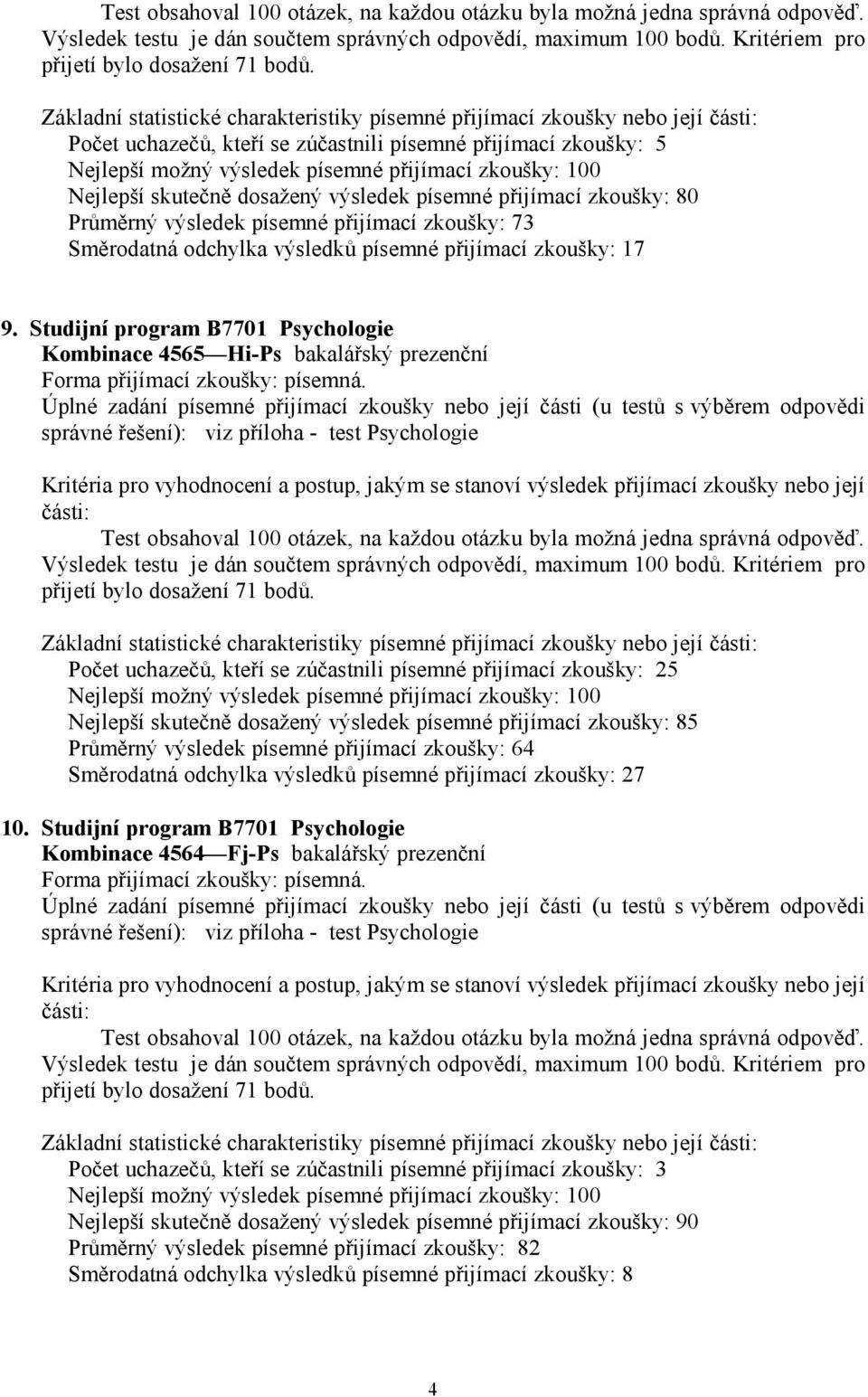 Nejlepší skutečně dosažený výsledek písemné přijímací zkoušky: 80 Průměrný výsledek písemné přijímací zkoušky: 73 Směrodatná odchylka výsledků písemné přijímací zkoušky: 17 9.