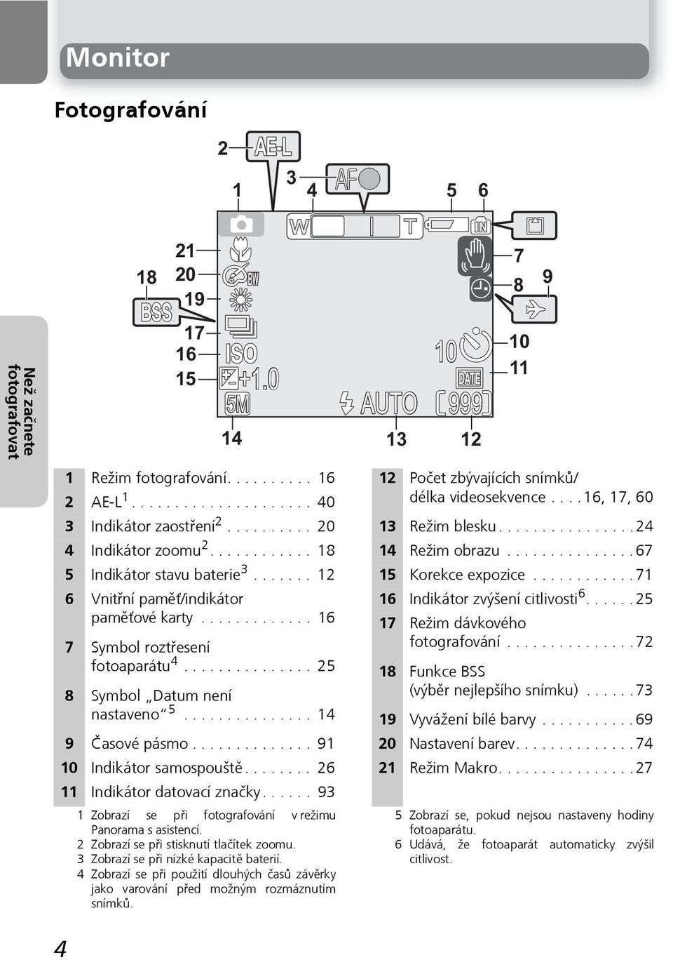 ...... 12 15 Korekce expozice............ 71 6 Vnitřní paměť/indikátor paměťové karty............. 16 16 Indikátor zvýšení citlivosti 6...... 25 17 Režim dávkového fotografování.