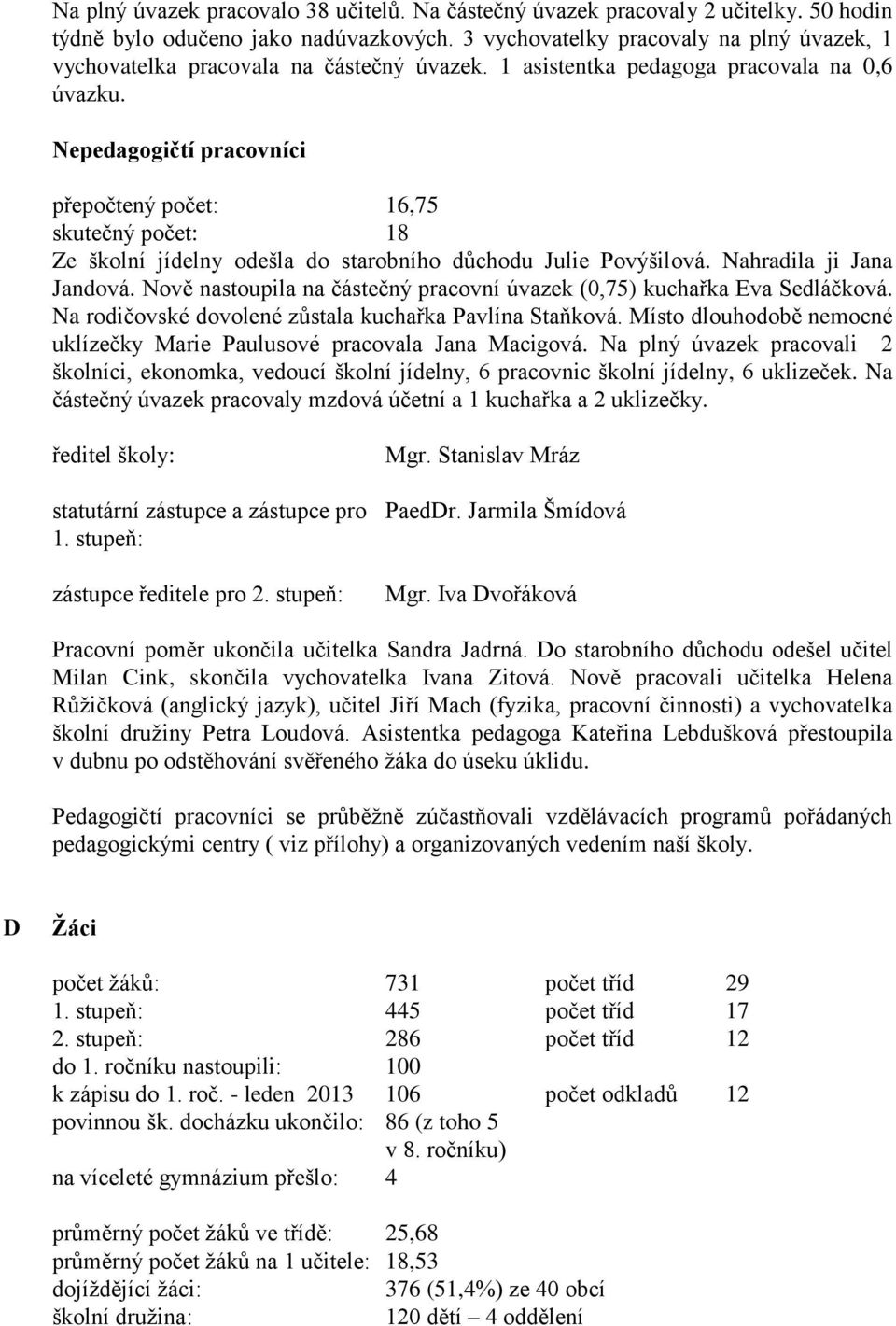 Nepedagogičtí pracovníci přepočtený počet: 16,75 skutečný počet: 18 Ze školní jídelny odešla do starobního důchodu Julie Povýšilová. Nahradila ji Jana Jandová.