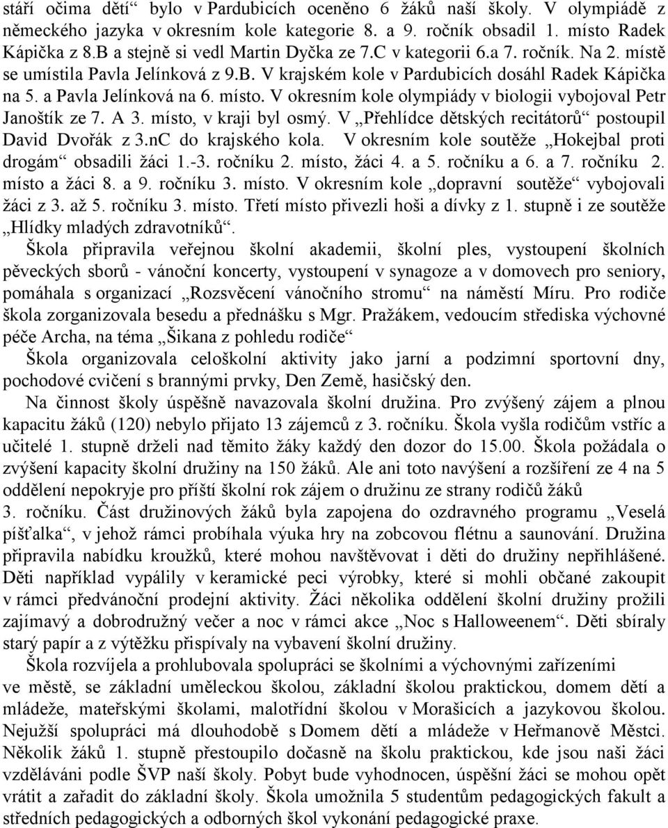 V okresním kole olympiády v biologii vybojoval Petr Janoštík ze 7. A 3. místo, v kraji byl osmý. V Přehlídce dětských recitátorů postoupil David Dvořák z 3.nC do krajského kola.