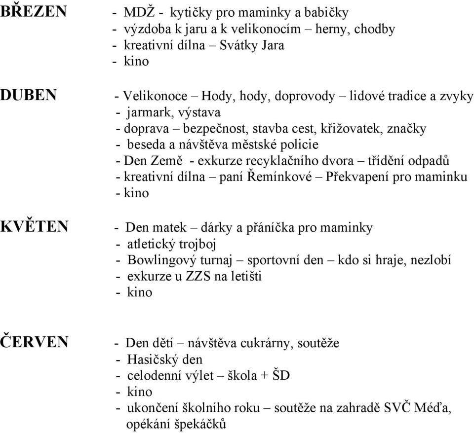 odpadů - kreativní dílna paní Řemínkové Překvapení pro maminku - Den matek dárky a přáníčka pro maminky - atletický trojboj - Bowlingový turnaj sportovní den kdo si hraje,