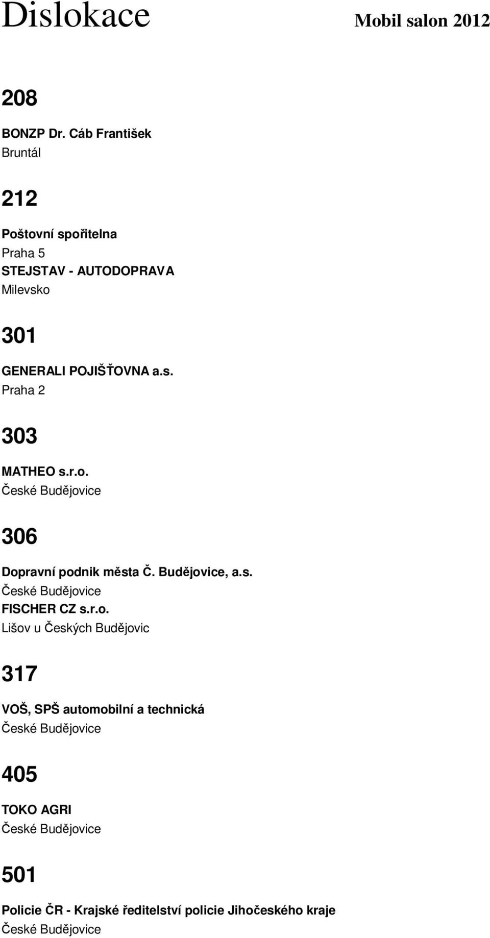 Milevsko 301 GENERALI POJIŠŤOVNA a.s. Praha 2 303 MATHEO s.r.o. 306 Dopravní podnik města Č.