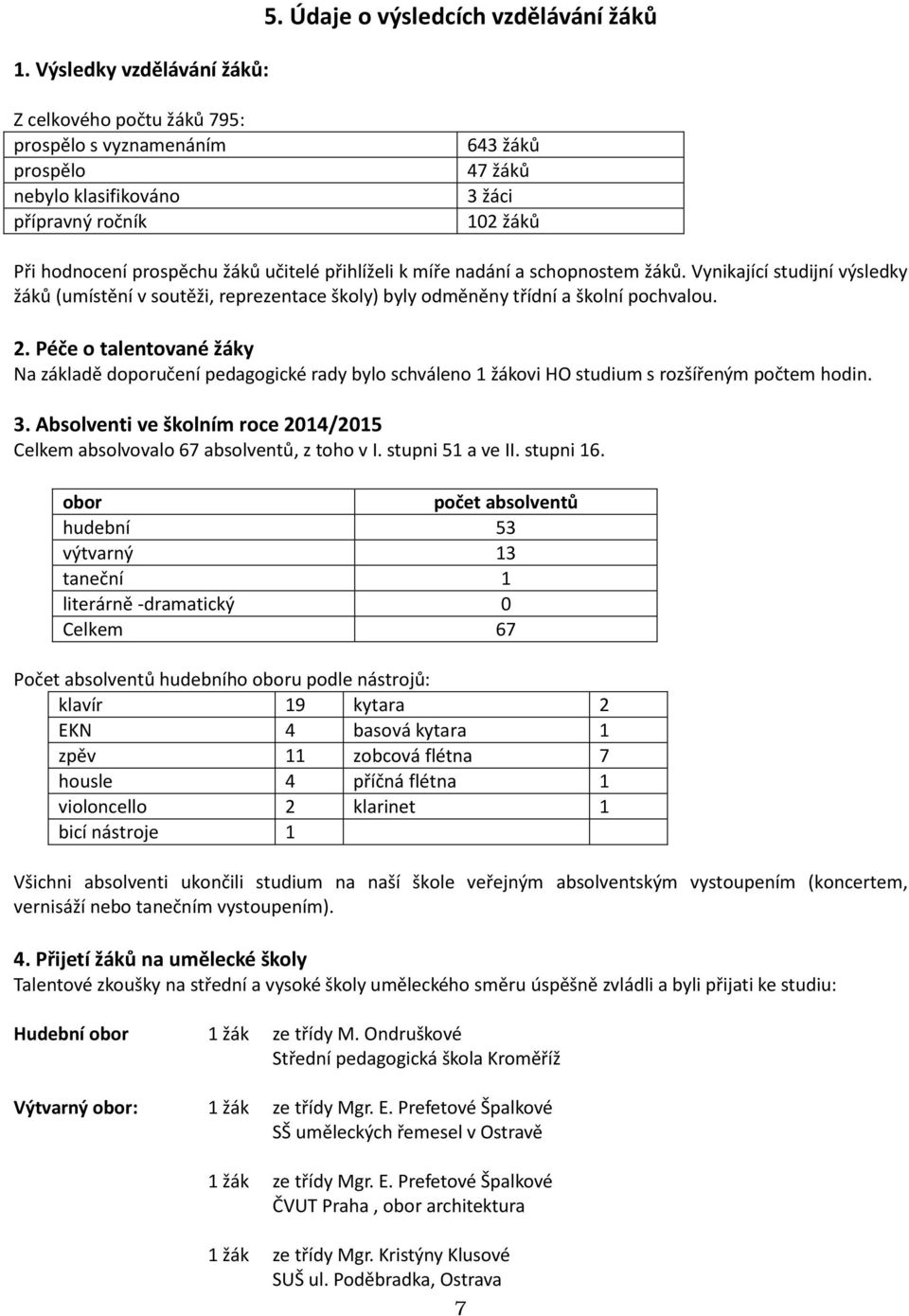 učitelé přihlíželi k míře nadání a schopnostem žáků. Vynikající studijní výsledky žáků (umístění v soutěži, reprezentace školy) byly odměněny třídní a školní pochvalou. 2.