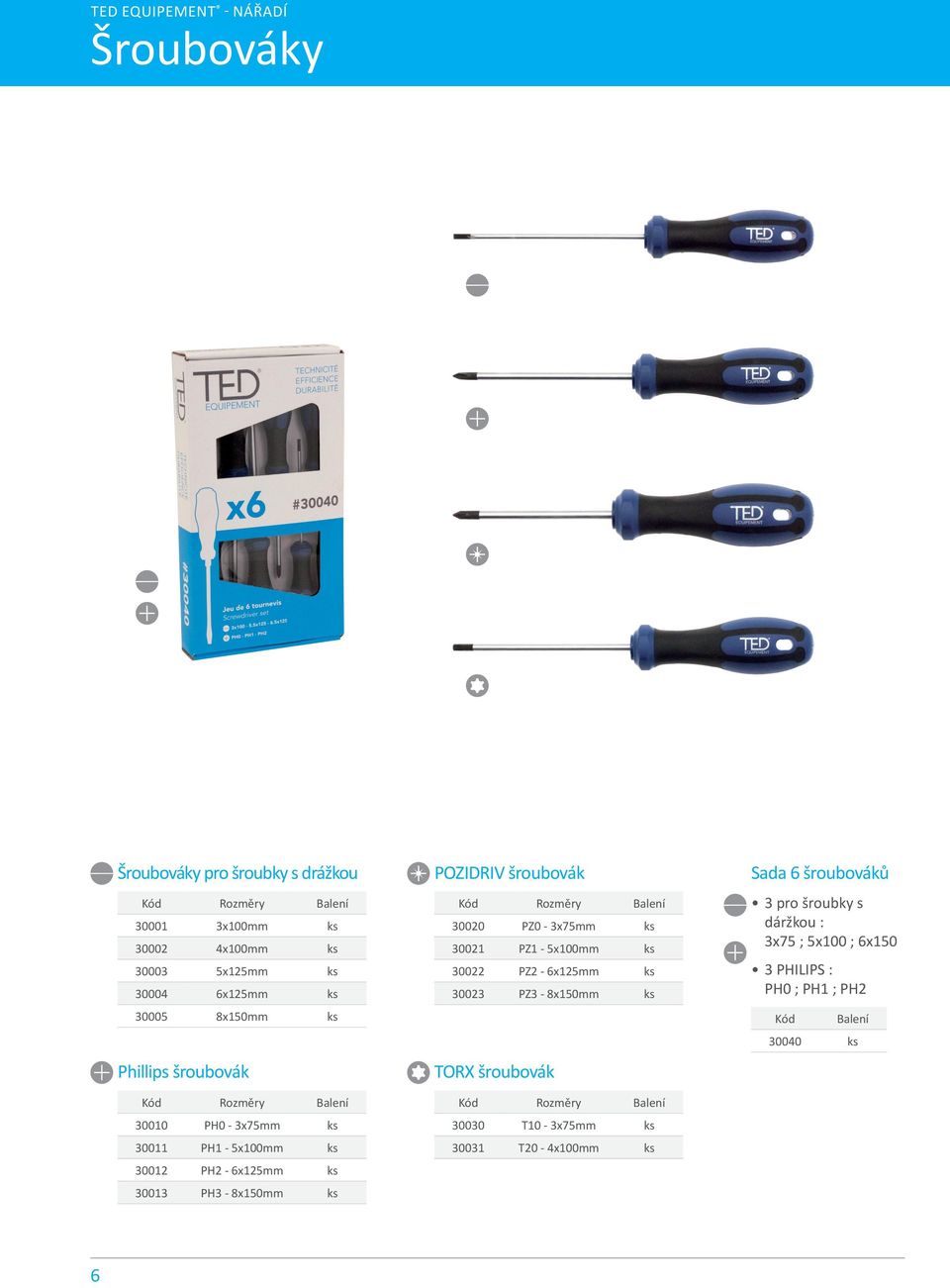 POZIDRIV šroubovák 30020 PZ0-3x75mm ks 30021 PZ1-5x100mm ks 30022 PZ2-6x125mm ks 30023 PZ3-8x150mm ks TORX šroubovák 30030