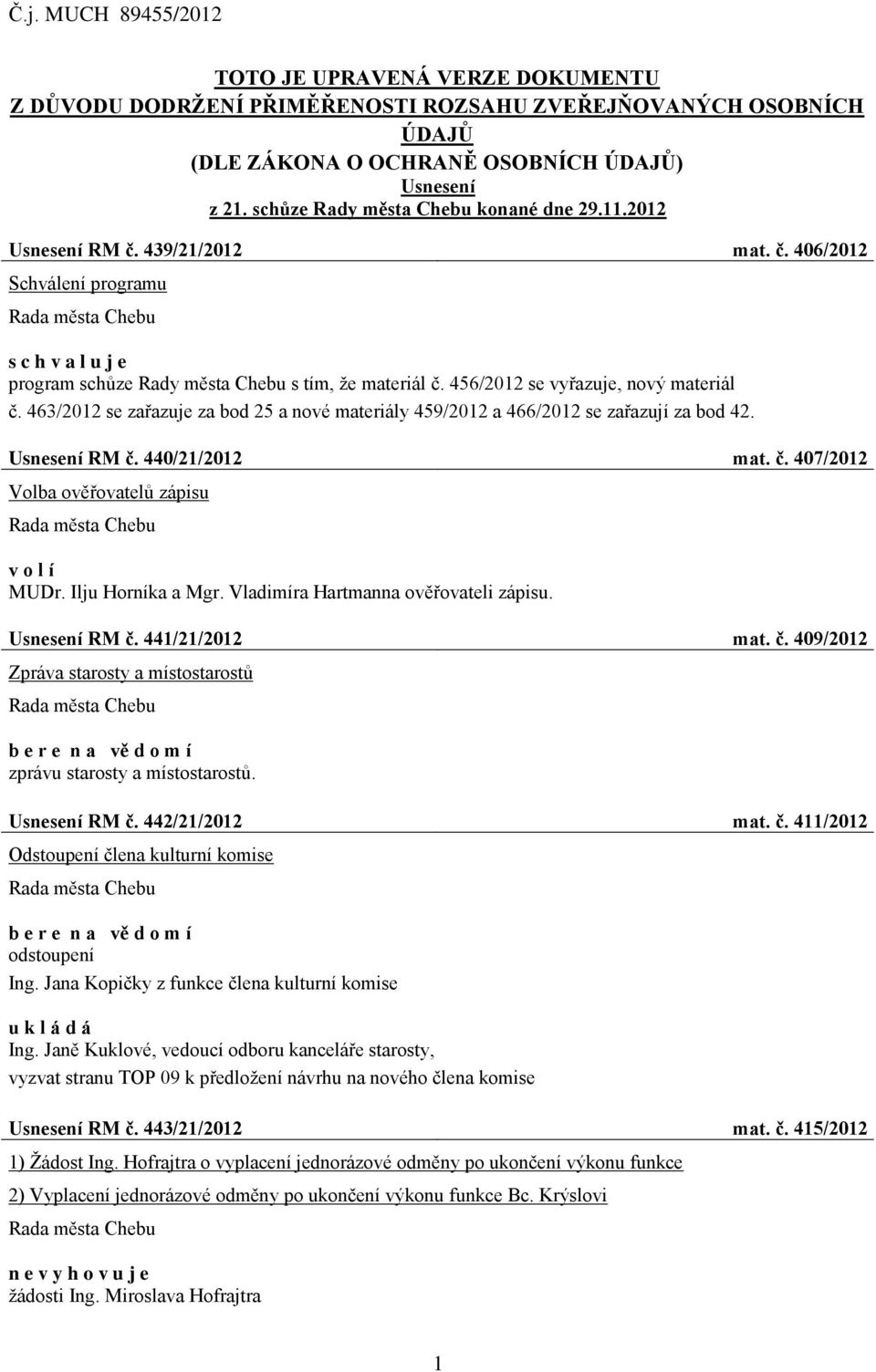 456/2012 se vyřazuje, nový materiál č. 463/2012 se zařazuje za bod 25 a nové materiály 459/2012 a 466/2012 se zařazují za bod 42. Usnesení RM č. 440/21/2012 mat. č. 407/2012 Volba ověřovatelů zápisu v o l í MUDr.