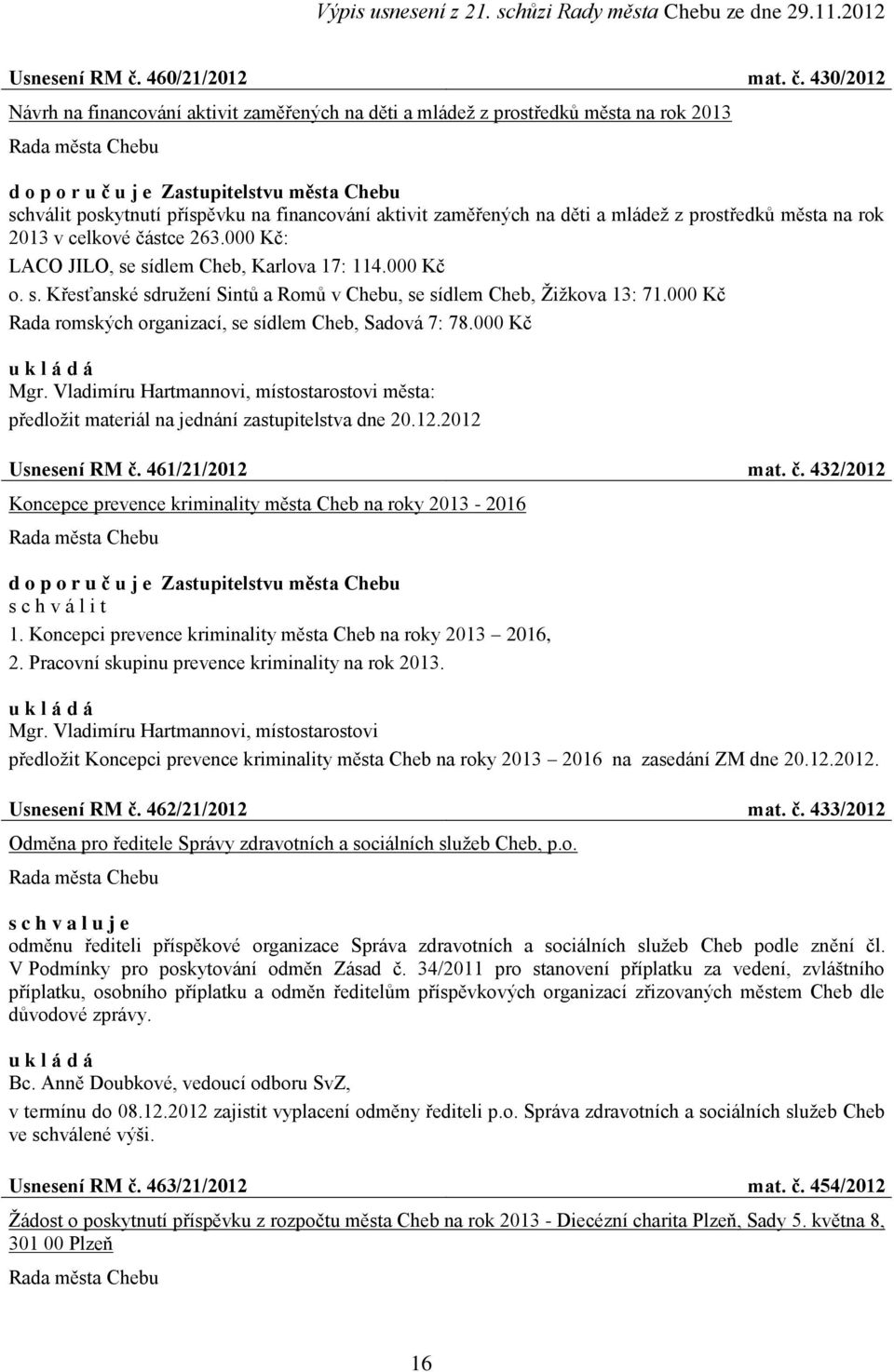 430/2012 Návrh na financování aktivit zaměřených na děti a mládeţ z prostředků města na rok 2013 schválit poskytnutí příspěvku na financování aktivit zaměřených na děti a mládeţ z prostředků města na