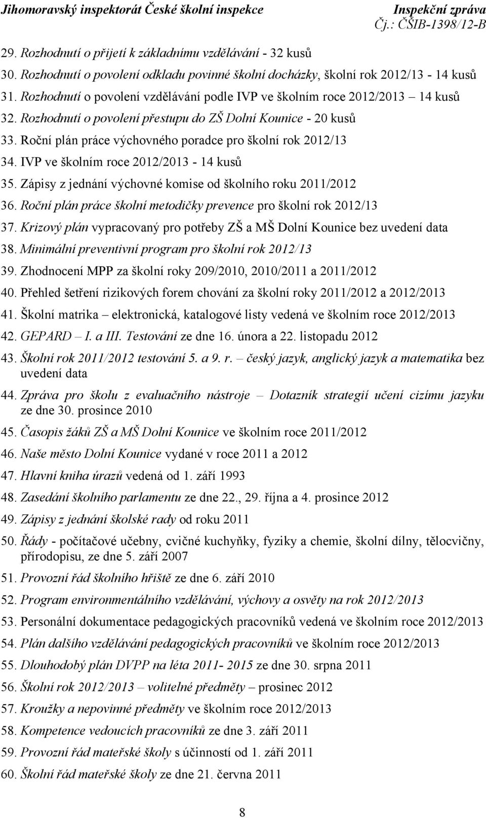 Roční plán práce výchovného poradce pro školní rok 2012/13 34. IVP ve školním roce 2012/2013-14 kusů 35. Zápisy z jednání výchovné komise od školního roku 2011/2012 36.