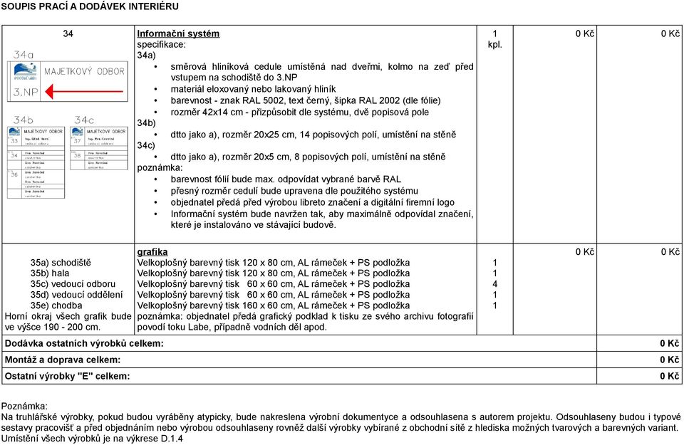 20x25 cm, 14 popisových polí, umístění na stěně 34c) dtto jako a), rozměr 20x5 cm, 8 popisových polí, umístění na stěně poznámka: barevnost fólií bude max.