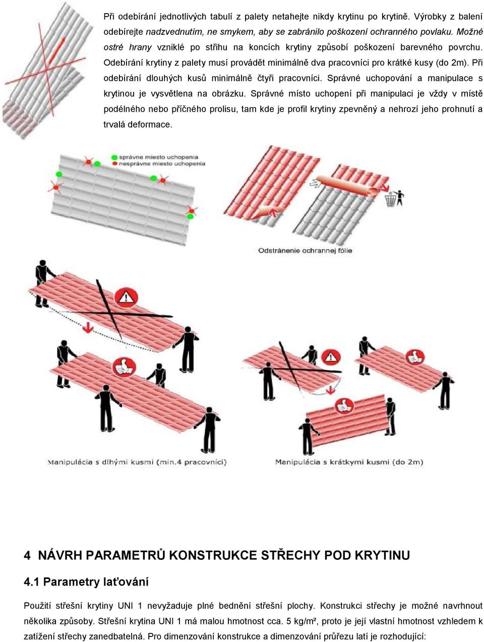 Při odebírání dlouhých kusů minimálně čtyři pracovníci. Správné uchopování a manipulace s krytinou je vysvětlena na obrázku.