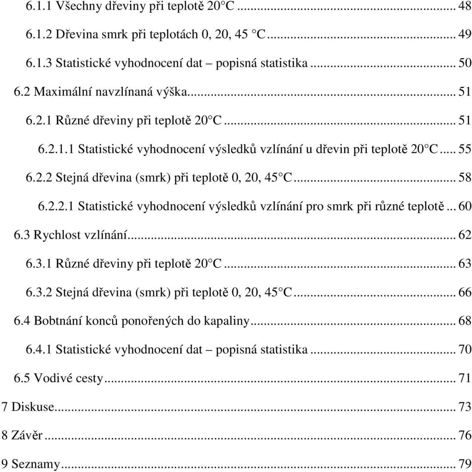 2.2.1 Statistické vyhodnocení výsledků vzlínání pro smrk při různé teplotě... 60 6.3 Rychlost vzlínání... 62 6.3.1 Různé dřeviny při teplotě 20 C... 63 6.3.2 Stejná dřevina (smrk) při teplotě 0, 20, 45 C.