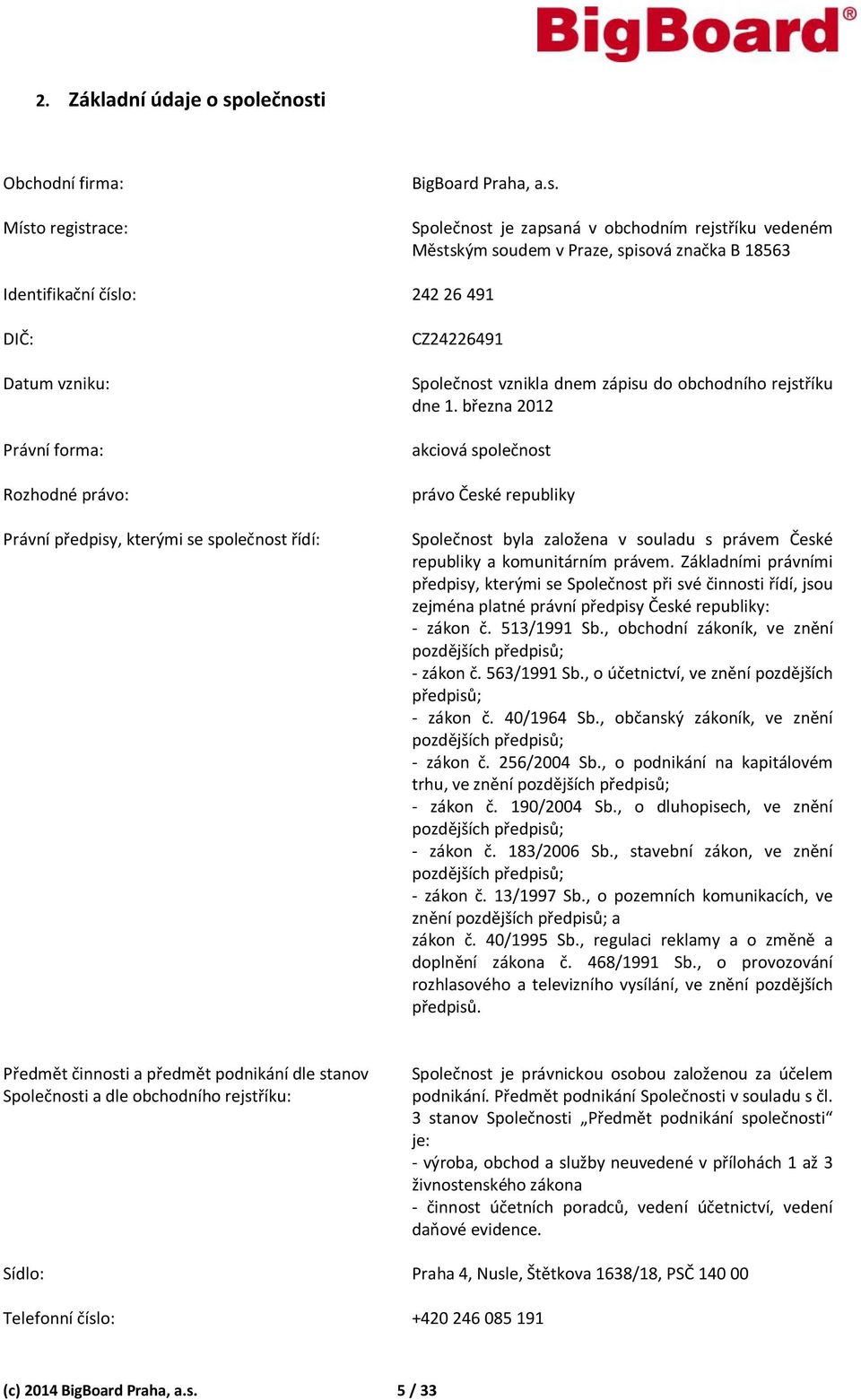 března 2012 akciová společnost právo České republiky Společnost byla založena v souladu s právem České republiky a komunitárním právem.